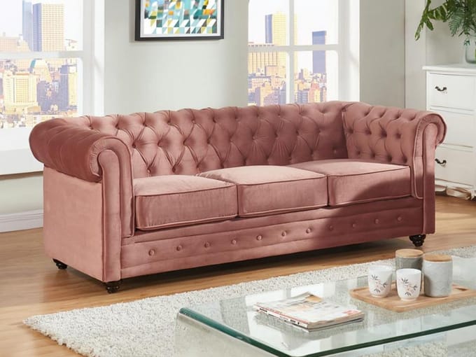 Vente-unique Driezitsbank CHESTERFIELD - velours - pastelroze