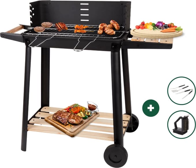Barbecue van Rlek Online - 3 GRATIS BBQ Accessoires - BBQ - Zwarte Barbecue op Wieltjes - HOUTSKOOL BBQ