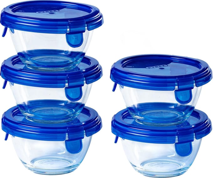 Pyrex - Cook & Go Schaal Rond met Deksel 200 ml Set van 5 Stuks - Transparant/Blauw