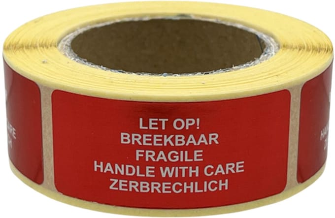 Breekbaar sticker - 250 Stuks - 4 talen - 21x48mm - Waarschuwings sticker