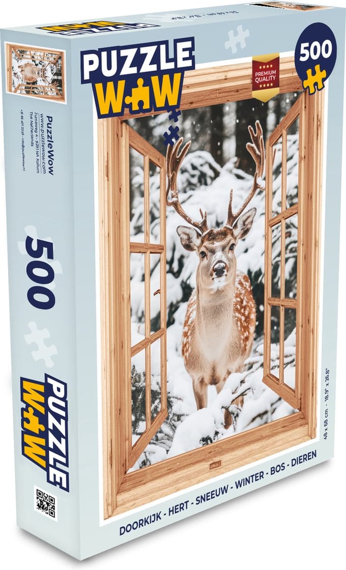 Puzzel Doorkijk - Hert - Sneeuw - Winter - Bos - Dieren - Legpuzzel - Puzzel 500 stukjes