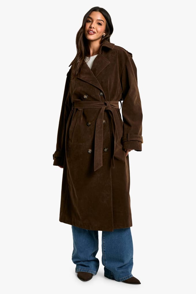 boohoo Dames Vintage suede-look trenchcoat | Chocoladebruin | Maat: 36
