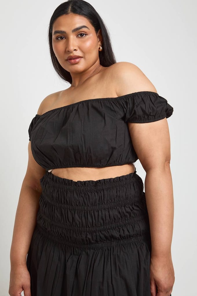 boohoo Dames Plus Katoenen Popeline Bardot Top & Rok Co-ord Set | Zwart | Maat: 50