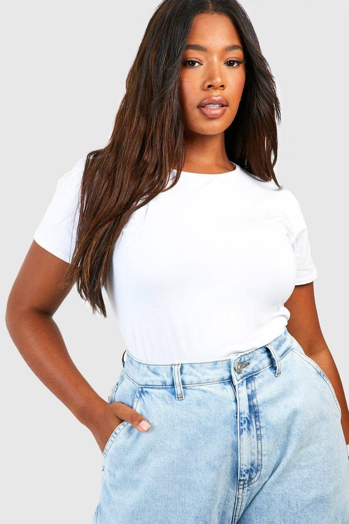 boohoo Dames Plus Cotton Getailleerd T-shirt | Wit | Maat: 46