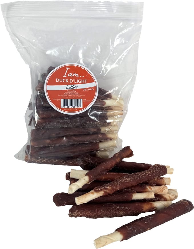 Hondensnacks I AM - Eend en Runderhuid Lollies - 30 Stuks, Eiwitrijke Kauwsnacks