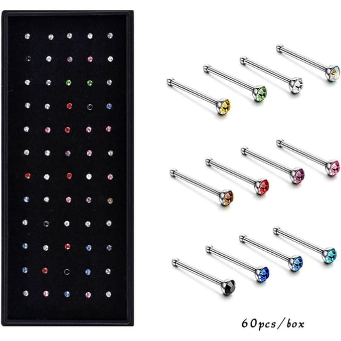60 stuks stud neusringen bot stud roestvrij staal kleur pin sieraden neus piercing white