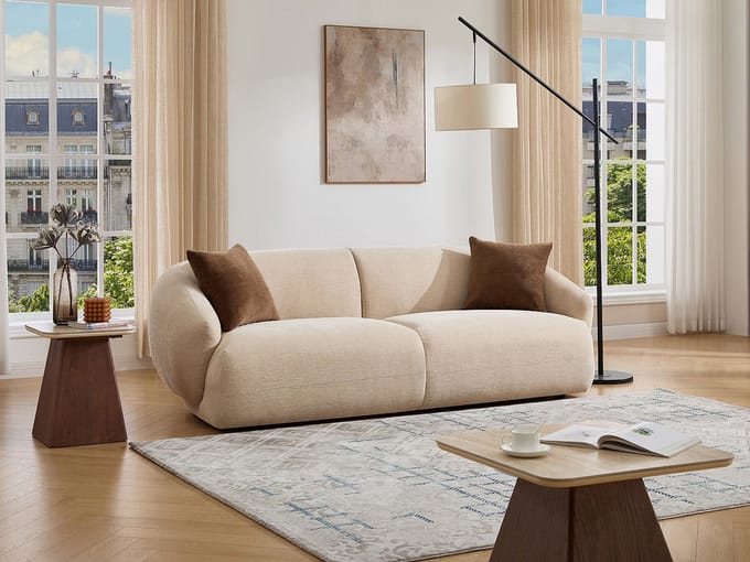 Vente-unique Driezitsbank in getextureerde beige stof MIBASTO