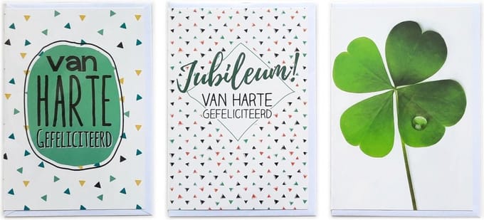 3 Wenskaarten – Jubileum + Van Harte Gefeliciteerd + Klaver 4 - 12 x 17 cm – JUB-303
