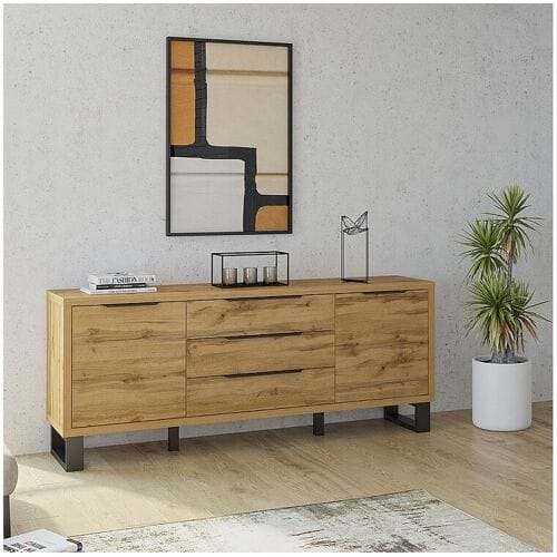 Meublorama Buffetkast MILO met twee deuren, drie laden. Kleur eiken met zwarte afwerking. Industriële stijl.