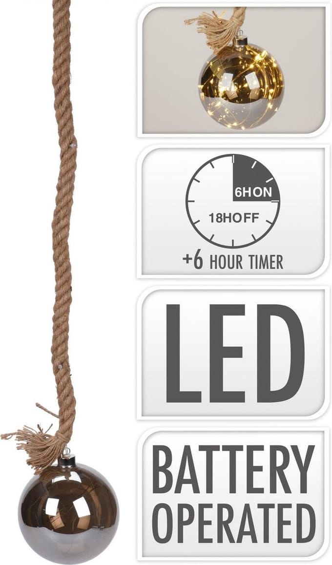 Home&styling - Glazen bal - Ø15cm - 24 LED - touw 100cm - met timer