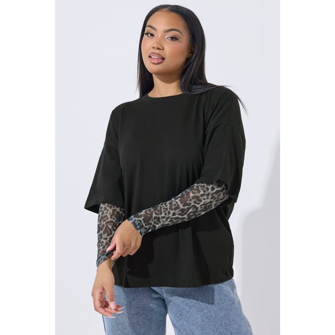 Limited Collection Zwart 2In1 Tshirt Met Luipaardprint En Mesh Mouwen Size 46