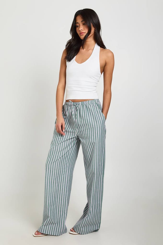 boohoo Dames Geweven Gestreepte Broek Met Elastische Taille En Wijde Pijpen | Groente | Maat: 34