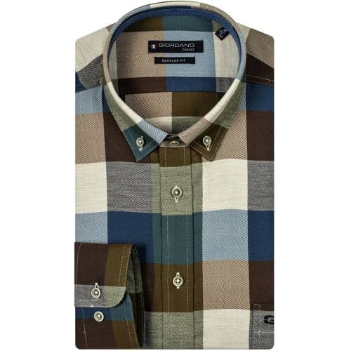 Giordano Overhemd Ivy Button Down Brushed Twill Large Check Donkergroen-Multi / male