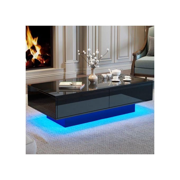 Table basse - MUVOE - Moderne - Noir brillant - 2 tiroirs - Éclairage LED noir