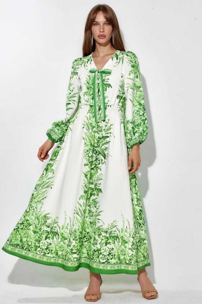 Geprinte V-hals Maxi Jurk Met Strikdetail