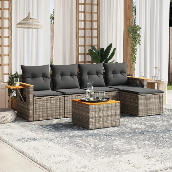 vidaXL - 6-delige - Loungeset - met - kussens - poly - rattan - grijs