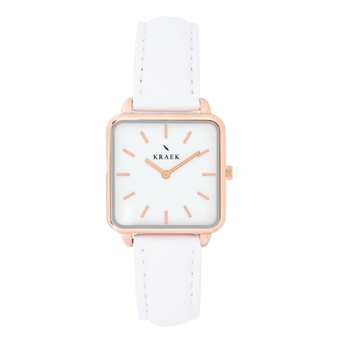KRAEK Sofia Rosé Goud Wit 28 mm | Dames Horloge |  Wit leren horlogebandje | Vierkant | Minimaal Design