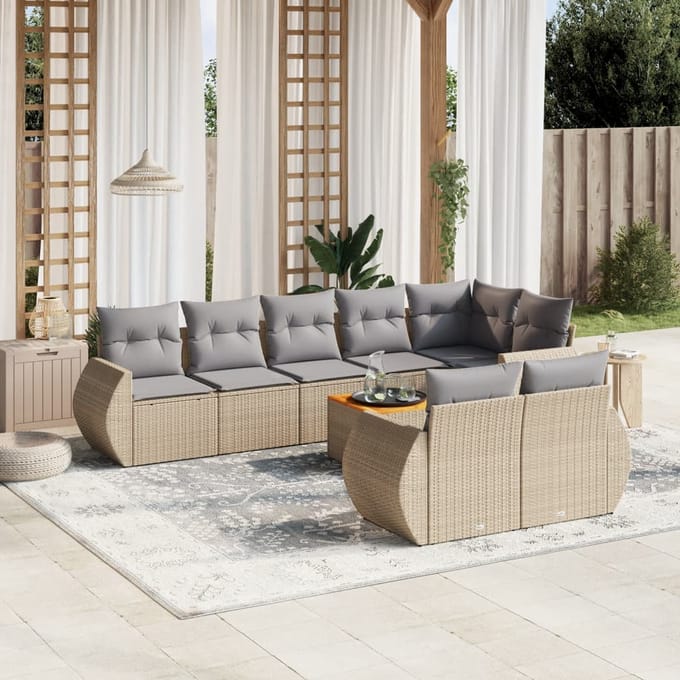 vidaXL - 9-delige - Loungeset - met - kussens - poly - rattan - beige