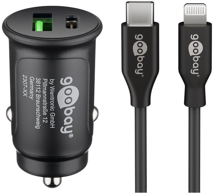 Goobay autolader met 1x USB-A QC en 1x USB-C PD en losse Lightning kabel | 27W