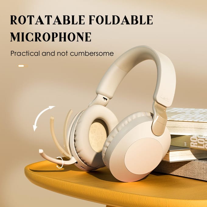 Casque sans fil BT5.3 Casque de jeu supra-auriculaire avec microphone rotatif Casque de centre d'appels beige
