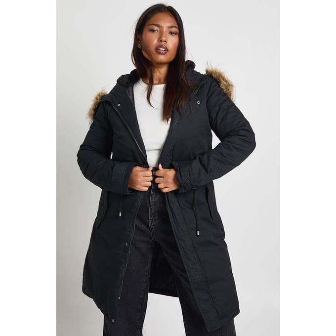 boohoo Dames Plus Parka Jas met Namaak Bont Afwerking | Black | Maat: 16