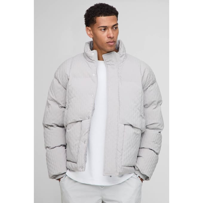Oversized Fit Getextureerde Trechterkraag Pufferjas | Grey | Size Medium