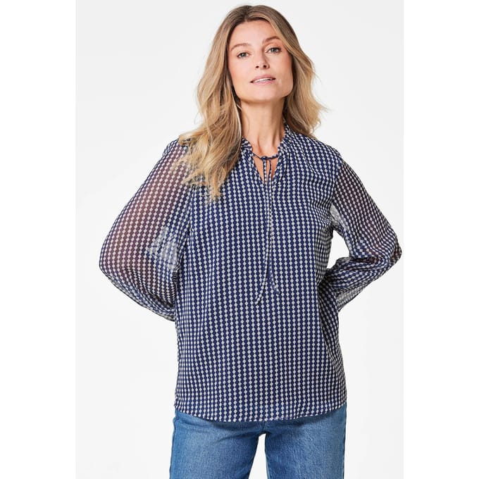 Chiffon blouse met elastische manchetten - marine / wit / gedess. - Gr. 48 van Goldner Fashion