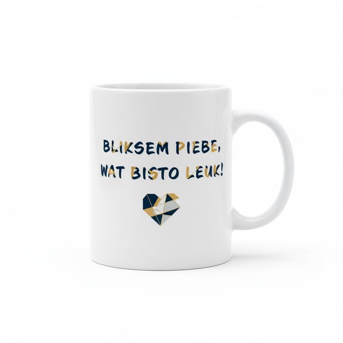Grappige Dialect Tekst Koffiemok “Bliksem Piebe, Wat Bisto Leuk!” – Speels Cadeau met Hart Design – 330 ml Keramische Mok