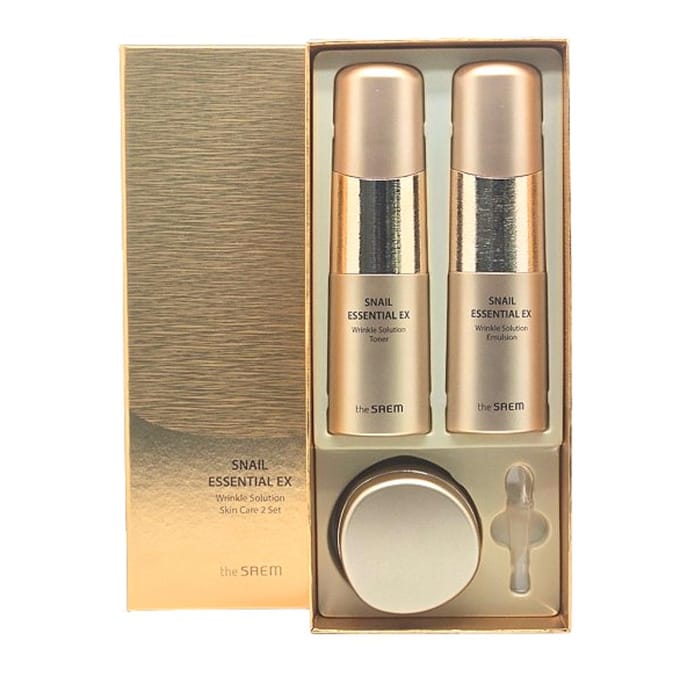 THE SAEM Snail Essential EX Solution Rides Ensemble de Soins Anti-Âge Hydratant (Lotion 150ml + Émulsion 150ml + Crème 30ml) beige