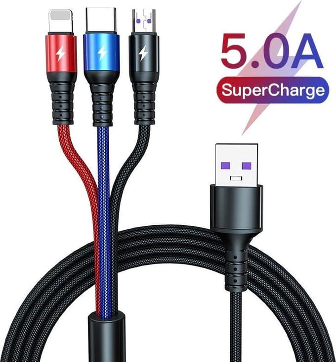 DrPhone MX3 - 3 IN 1 USB Kabel LED - Micro / USB-C  / Lightning – Snellader  – Rood – Zwart – Blauw – 1.2 Meter