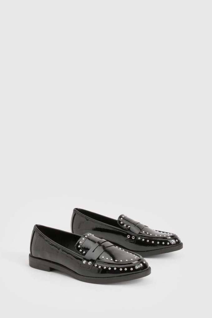 boohoo Dames Patentleerloafer met studs | Black | Maat: 3