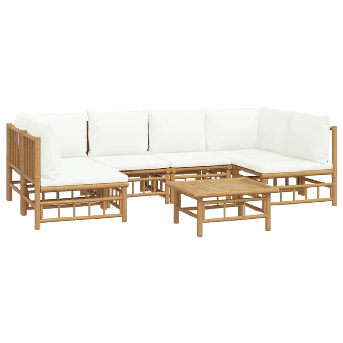 vidaXL - 7-delige - Loungeset - met - kussens - bamboe - crèmewit