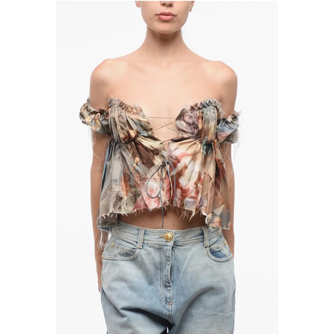 Bedrukte zijden off-shoulder top in veelkleurig