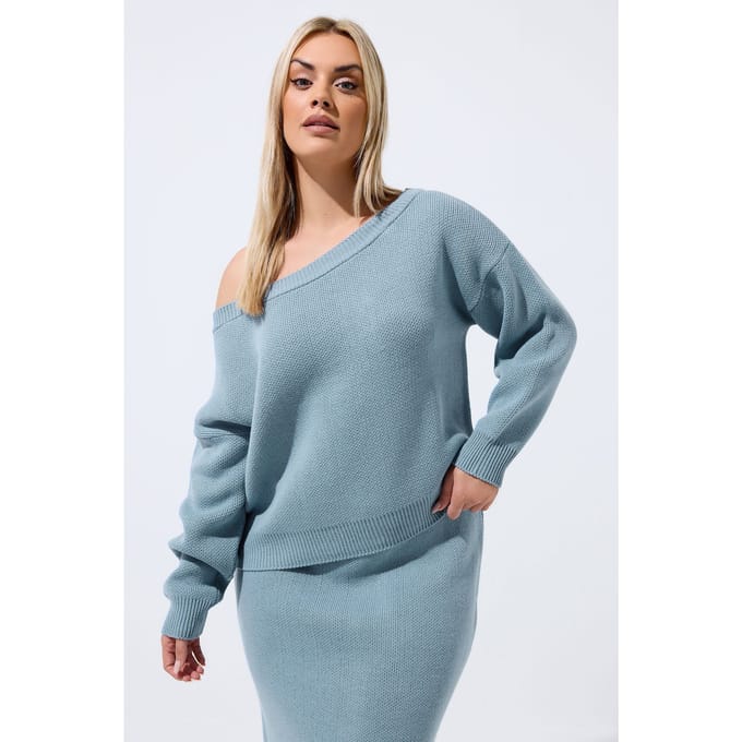 Limited Collection Blauw Gebreide Trui Met Blote Schouders Size 50-52
