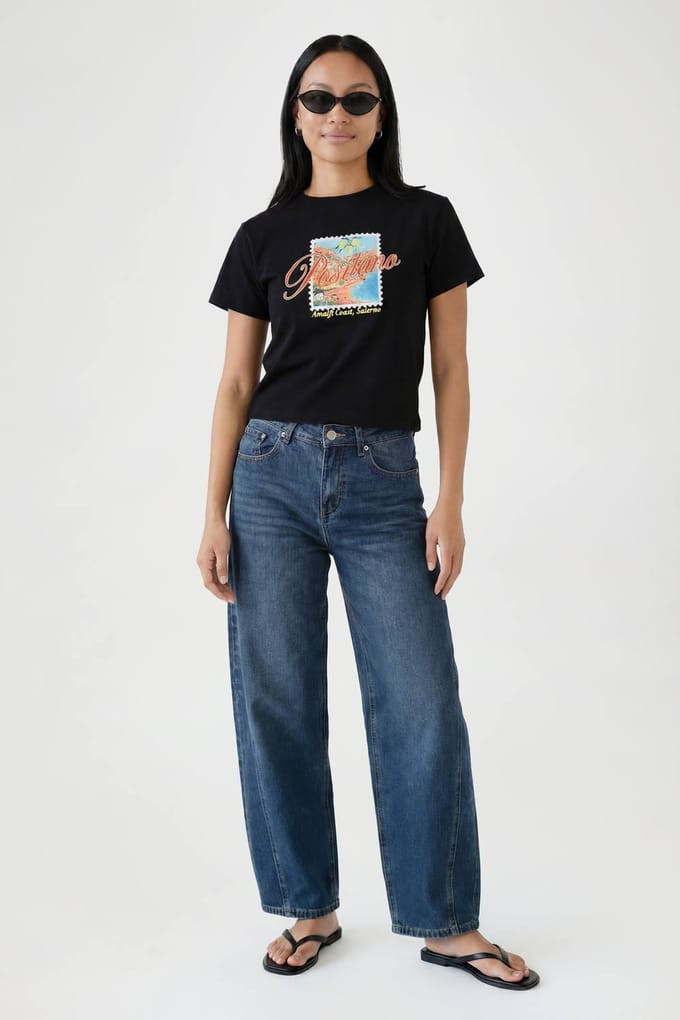 boohoo Dames Positano Postzegel Print Baby Tee | Zwart | Maat: Small