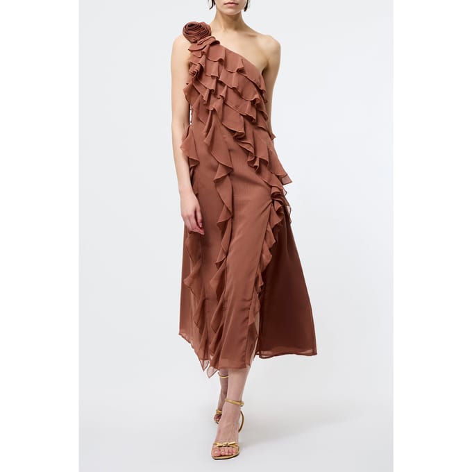 French Connection Oskar Georgette Ruffle Midi Mocha Maat: 10 | Midi Jurken Outlet | Dames | Bruin