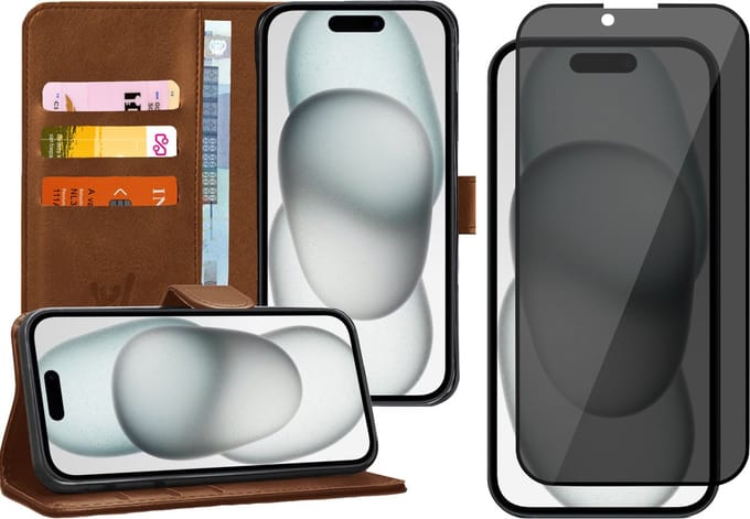 Hoesje geschikt voor iPhone 15 Plus - Privacy Screen Protector FullGuard - Book Case Kunstleer Pasjeshouder Bruin & Screenprotector