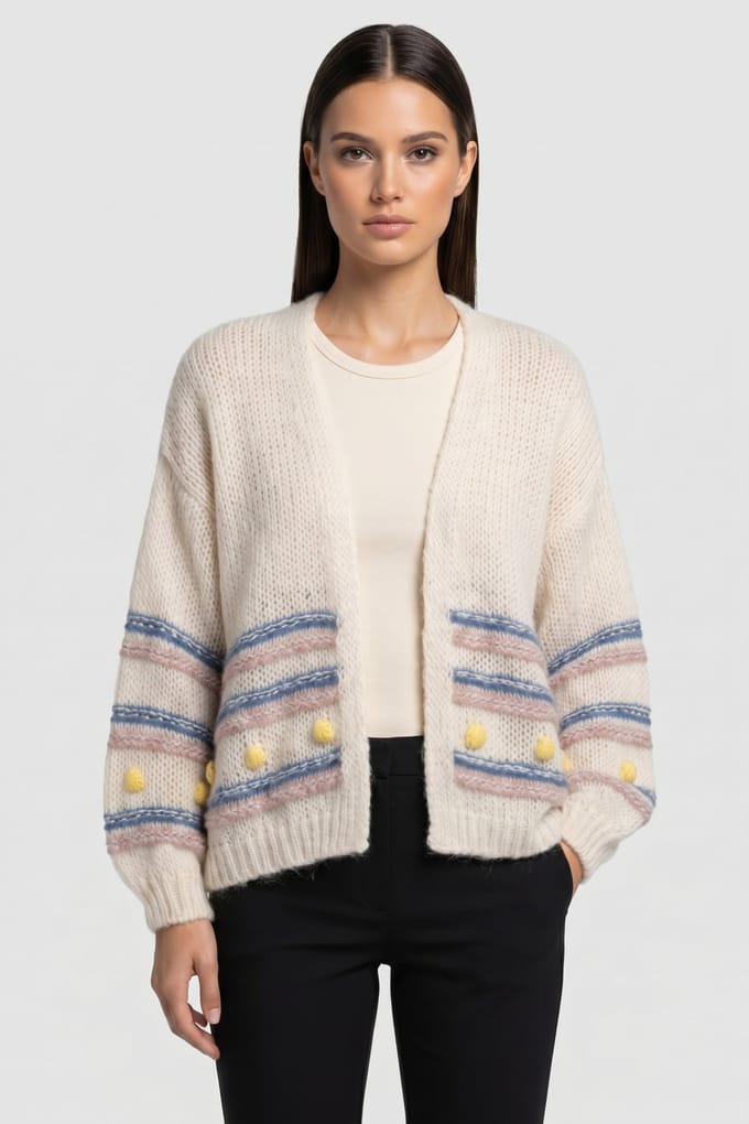 Rich & Royal Multicoloured Stripe Cardigan With Pompoms Pearl White Taglia: S | Giacche Outlet | Donna | Bianco