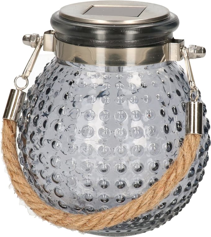 Anna's collection Solar lantaarn glas - grijs - bubbel structuur - 10 x 12 cm