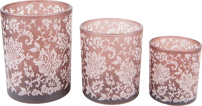 Clayre & Eef Theelichthouder Set van 3 Bruin Wit Glas Bloemen