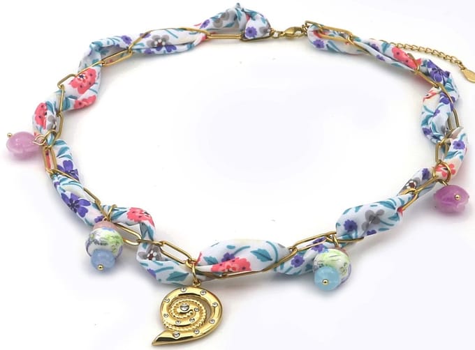 Ketting - stof met RVS bedels - 40-45 cm