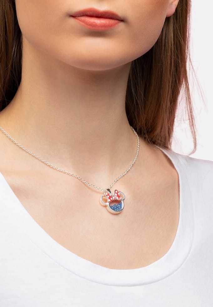 Disney Minnie Silver Plated Brass with Red enamel Bow September Birthstone Floating Stone Necklace