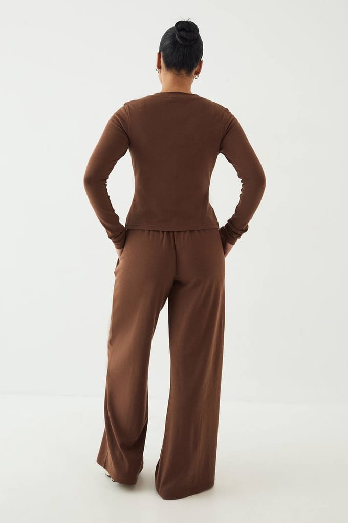 Dames Dsgn Studio Geborduurd Geribbeld Wijdbeens Broek | Mokka | Maat: Small