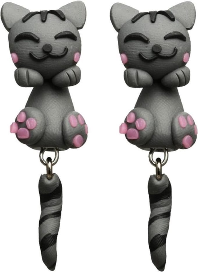 Fako Bijoux® - Oorbellen - Dansende Kat - Grijs/Roze