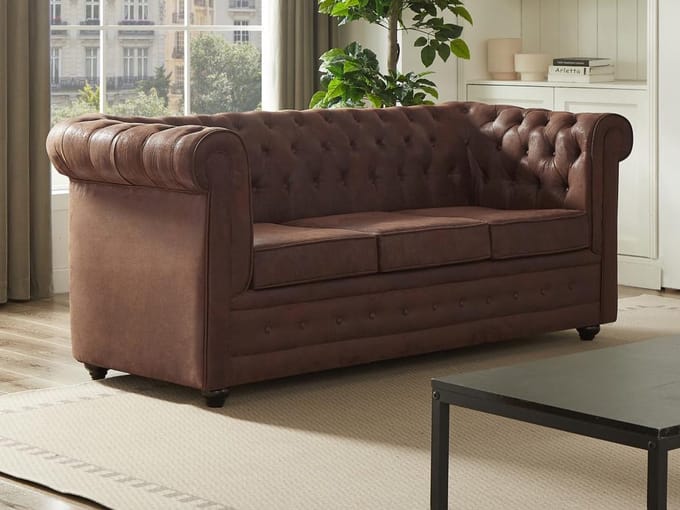 Vente-unique Driezitsslaapbank van microvezel met verouderd leereffect CHESTERFIELD