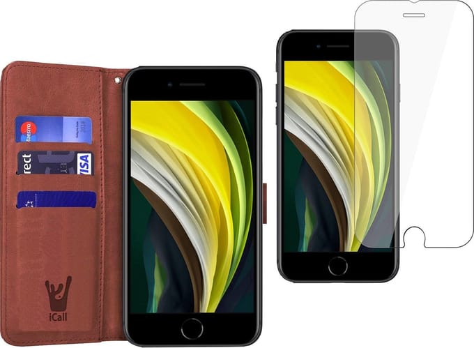 Hoesje geschikt voor iPhone SE 2022 / 2020 / 8 / 7 - Screen Protector GlassGuard - Book Case Kunstleer Pasjeshouder Bruin & Screenprotector
