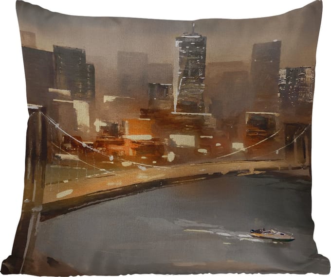 Sierkussen Buiten - Schilderij - Olieverf - Skyline - Stad - Water - 60x60 cm - Weerbestendig