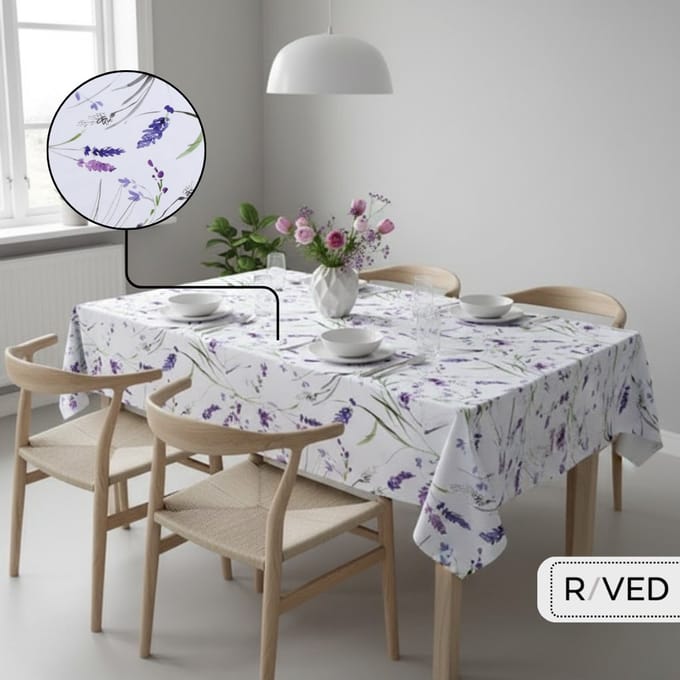 Raved Tafelzeil - 140 cm x 100 cm – Lavendel Bloemen Wit – PVC – Afwasbaar