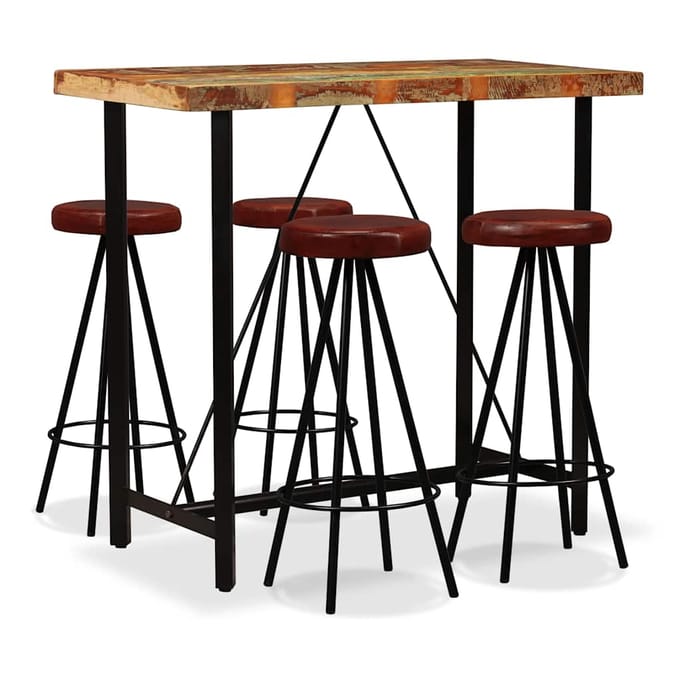 vidaXL - Barset - massief - gerecycled - hout - en - echt - leer - 5-delig