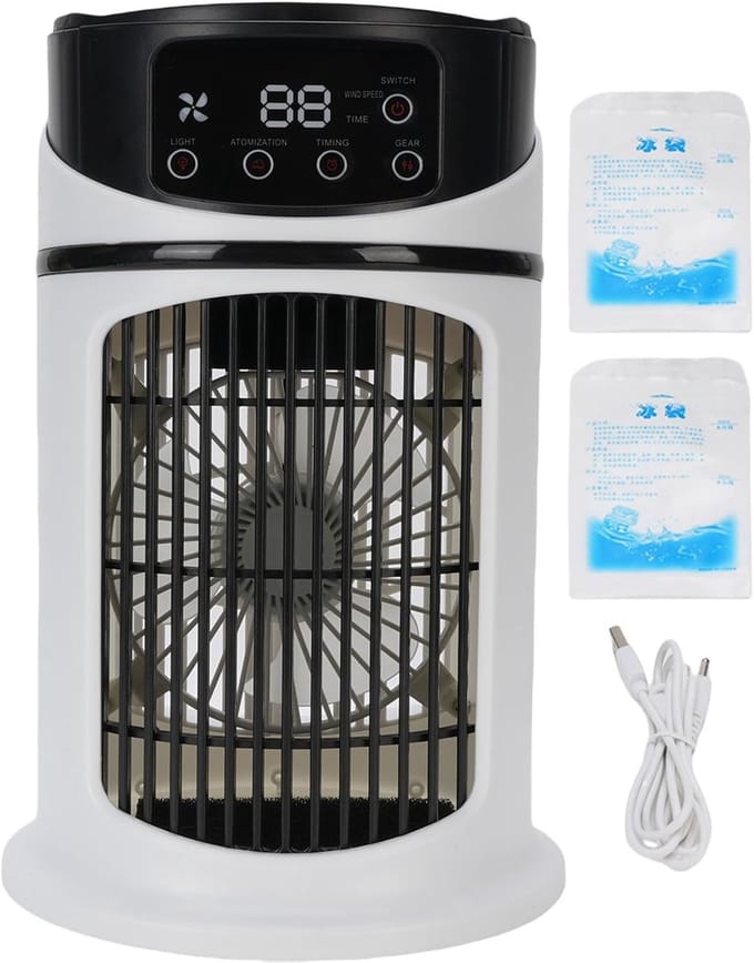 Draagbare Airco Ventilator - Mini Koeler Luchtbevochtiger - Persoonlijke Koeling - 4-in-1 Multifunctioneel - 18 x 18 x 25 cm